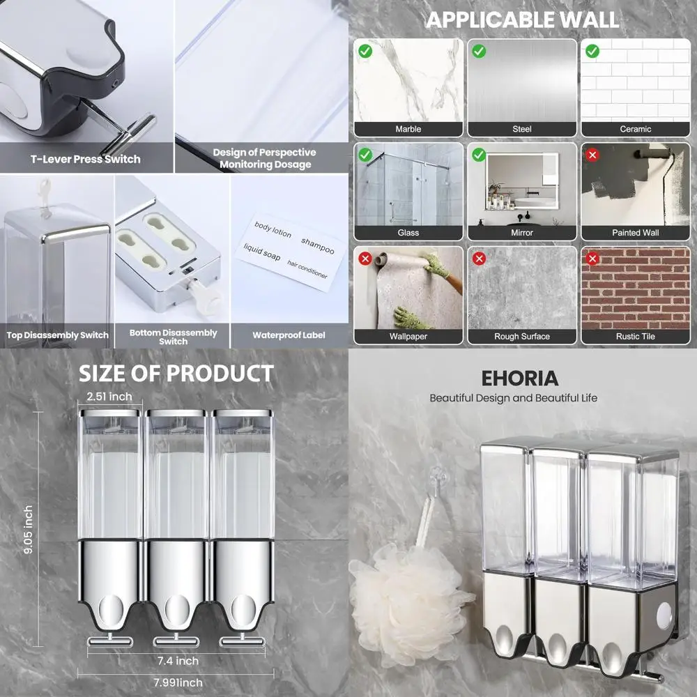 

3-in-1 Shower Organizer: Wall-Mounted Soap, Shampoo, and Conditioner Dispensers for Home and Hotel Bathrooms