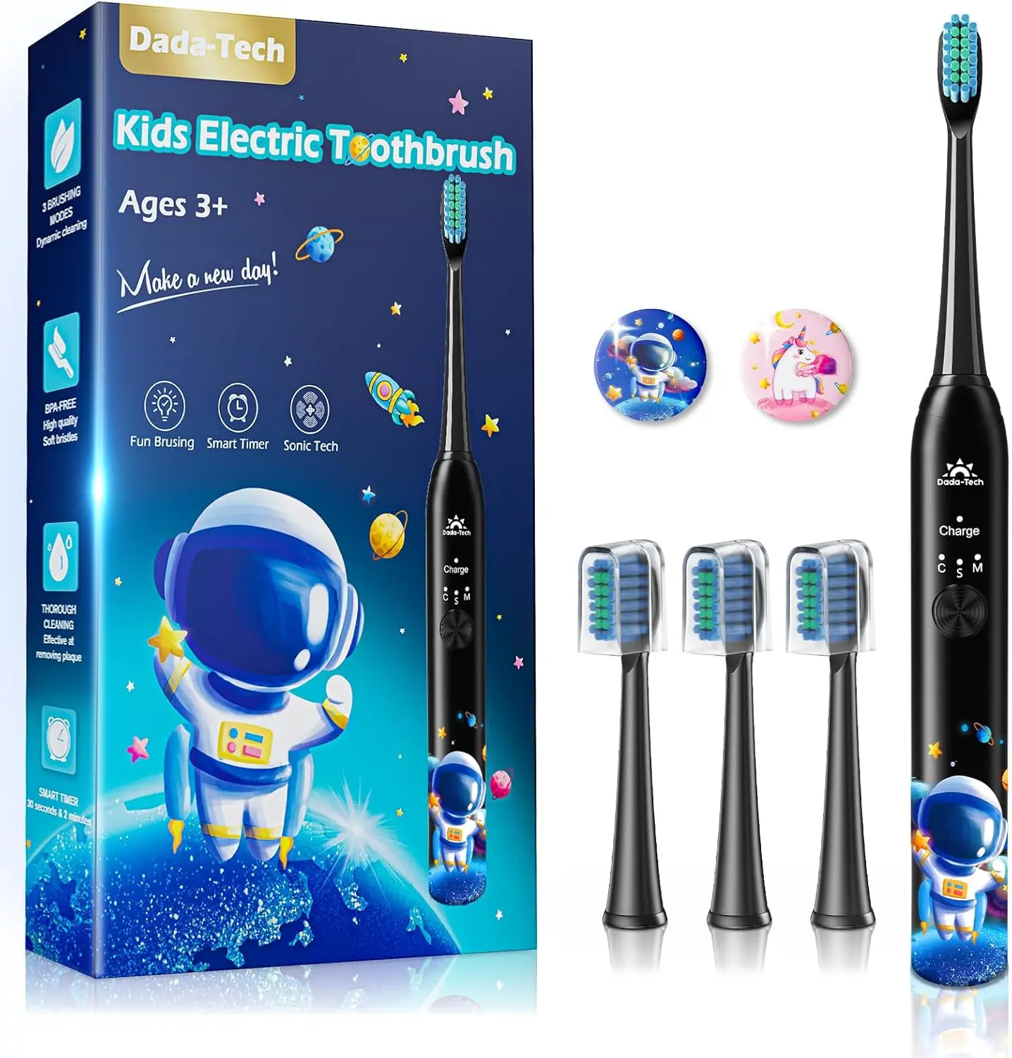 

Rechargeable Kids Electric Toothbrush with Timer, 3 Modes & 4 Heads for Ages 3-18, Fun Stickers Included