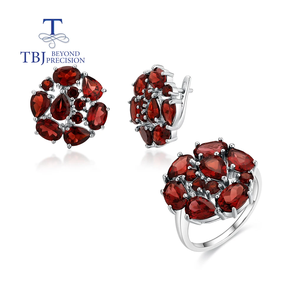 

Luxury Red natural garnet ring earrings set gorgeous fashion women's fine jewelry 925 sterling silver gift for mom