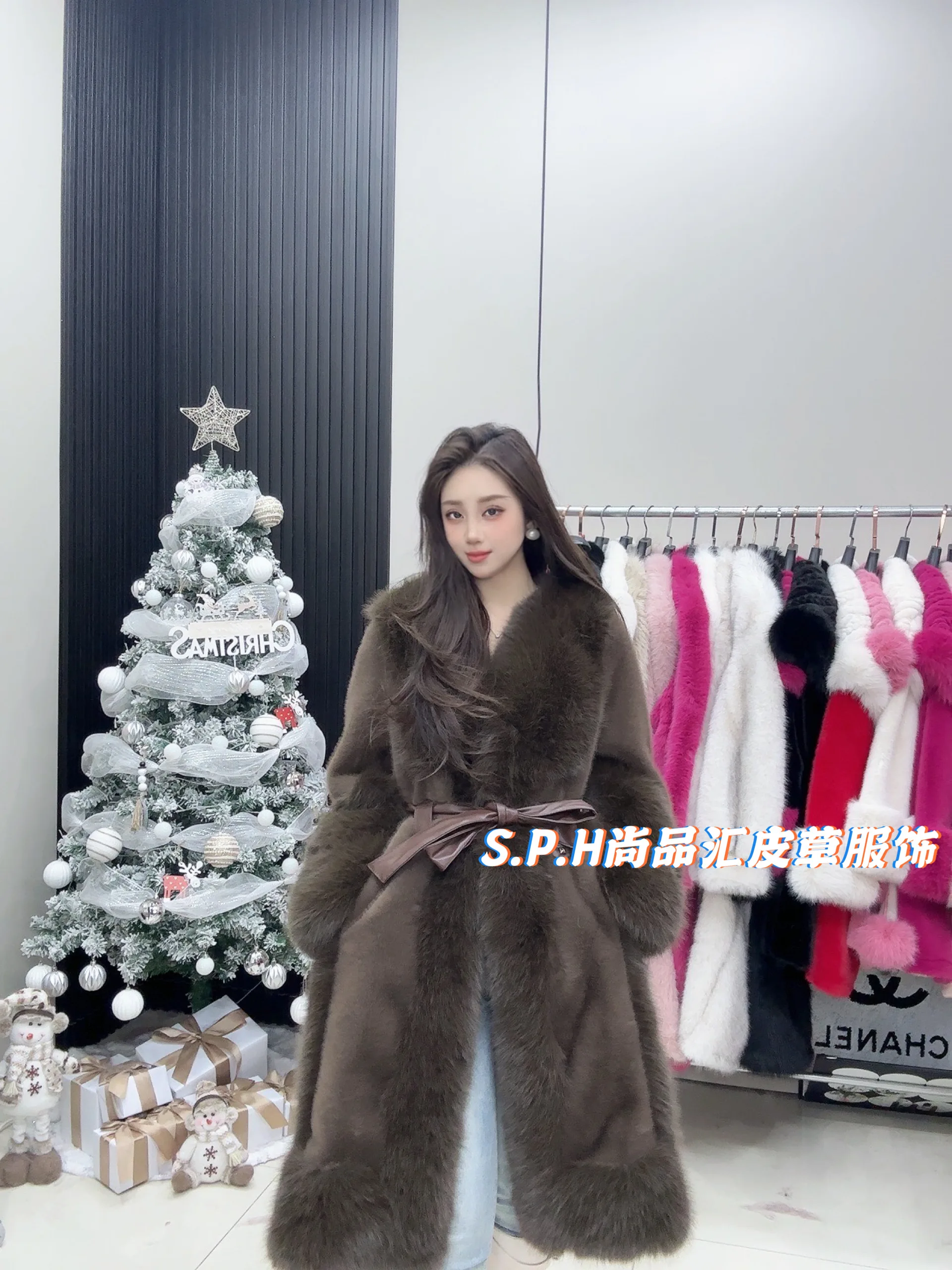 New Winter High-End Women\'s European Mink Fur Toka Fox Fur Long Coat Waist-Slimming Belt Temperament Slimming Faux Fur Jacket