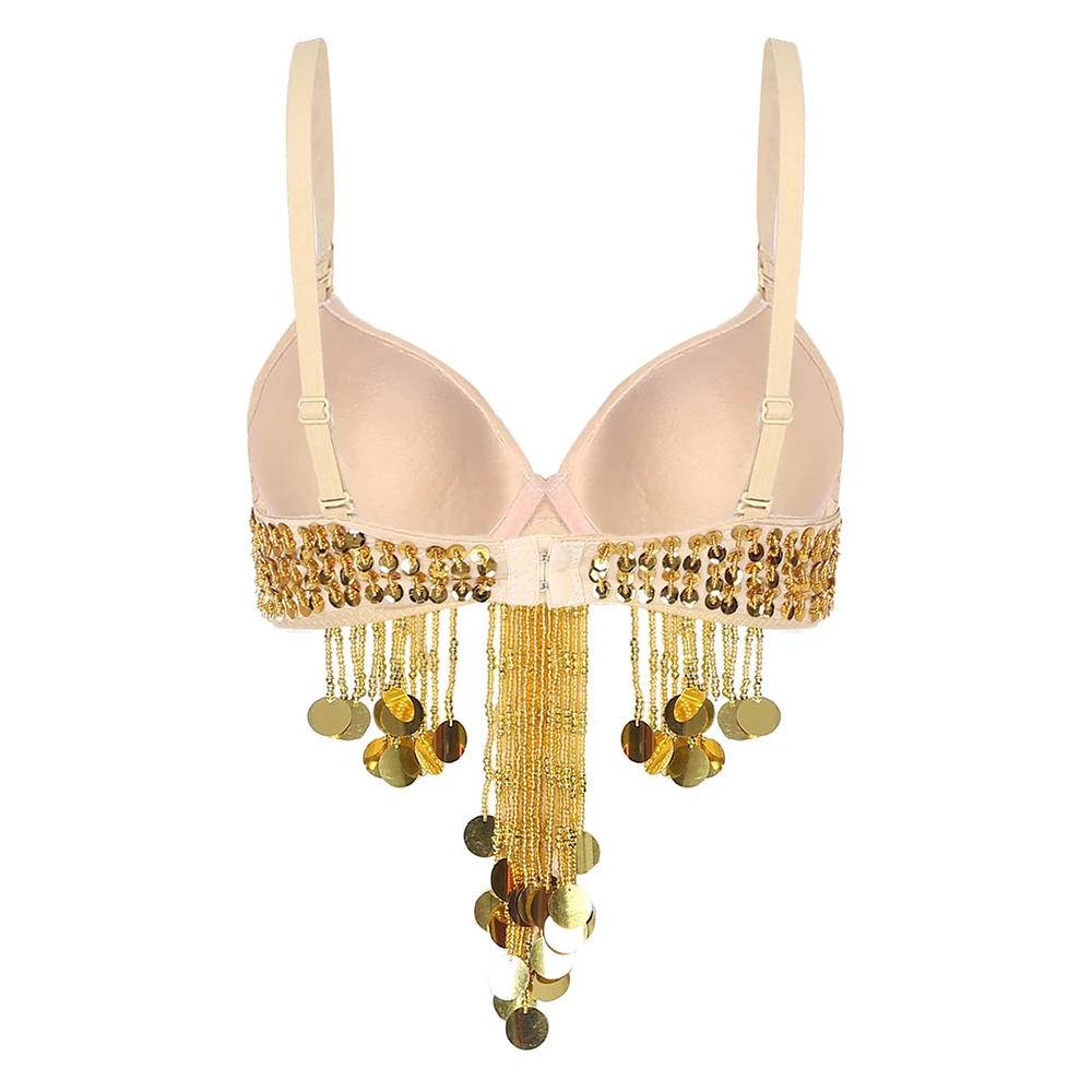Top da donna con nappe glitterate con perline e paillettes per danza del ventre, festival musicali, club, costume da ballo, spalline regolabili, reggiseno lucido con ferretto