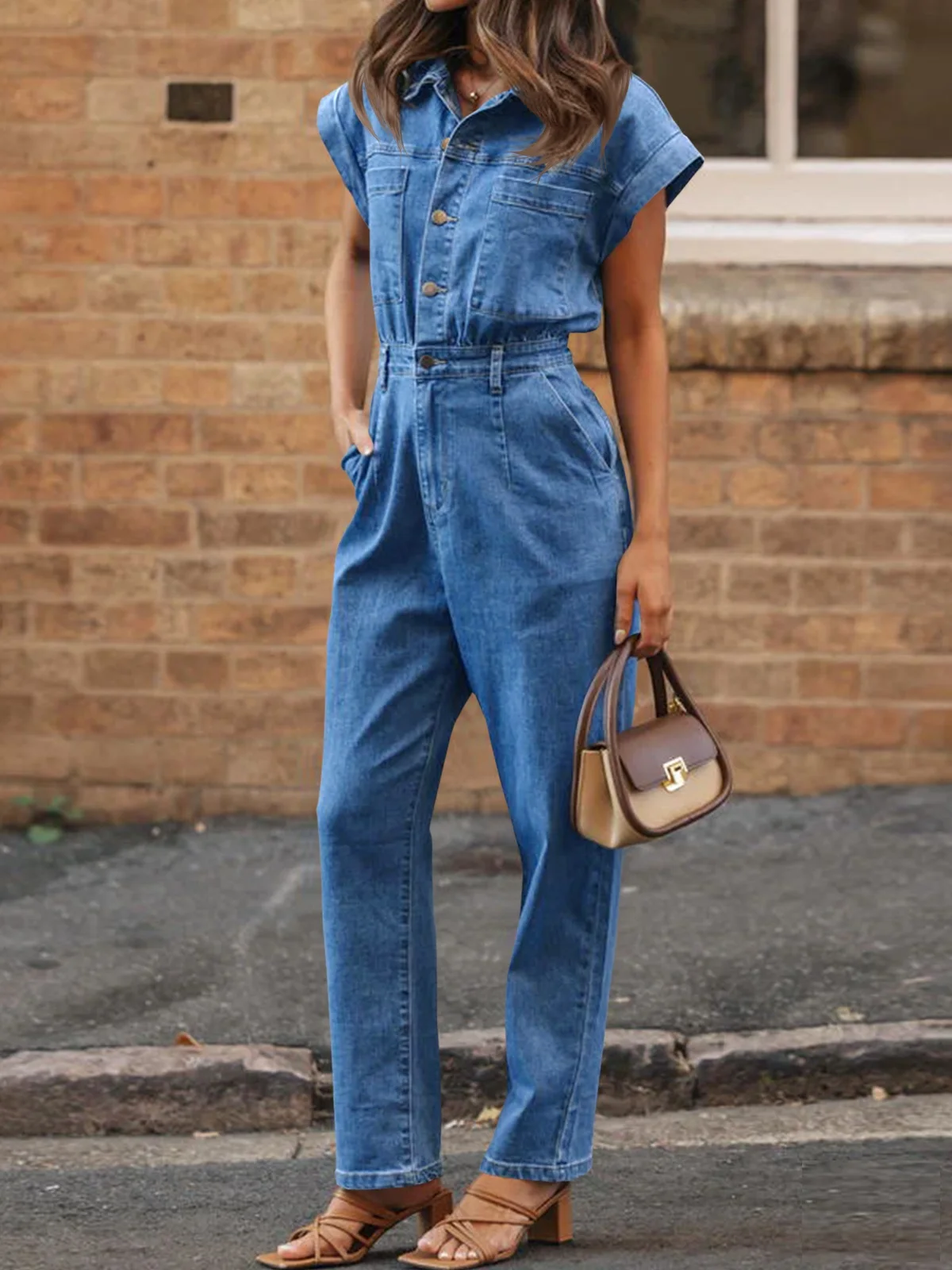 Women Denim Jumpsuits Single Breasted Cap Sleeve Rompers Dungarees Button Down Straight Leg Jeans Long Pants Rompers With Pocket