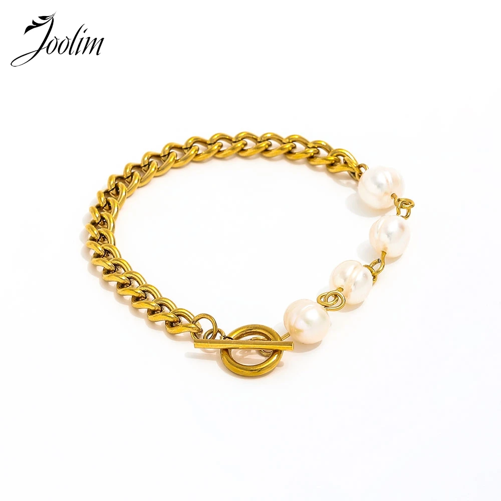 

Joolim Jewelry Wholesale High End PVD No Fade Fashion Elegant Freshwater Pearl Toggle Chain Stainless Steel Bracelet for Women