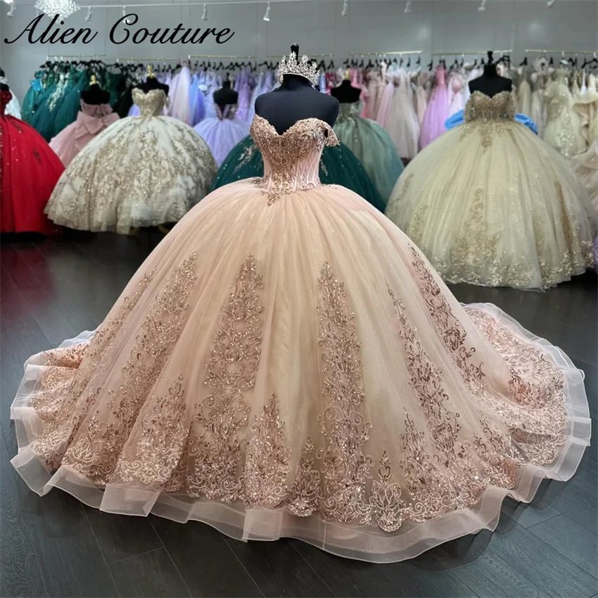 فساتين Quinceanera الوردية الرائعة ، ثوب الكرة ، حبة لامعة ، زخرفة الماس ، فساتين التخرج ، ثوب عيد الميلاد ، فستان 16 حلو ، 1500