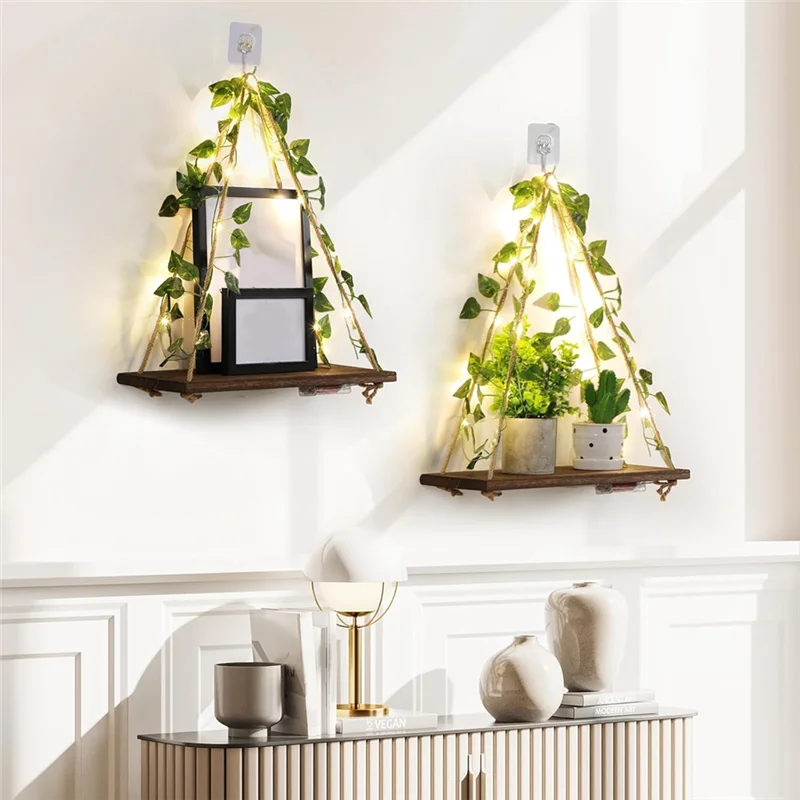 

【Home-Accessories】Floating Shelves For Wall No Drilling,Wall Dcorations Art,Hanging Shelf,Leaves And Light Strip For Home 2Pack