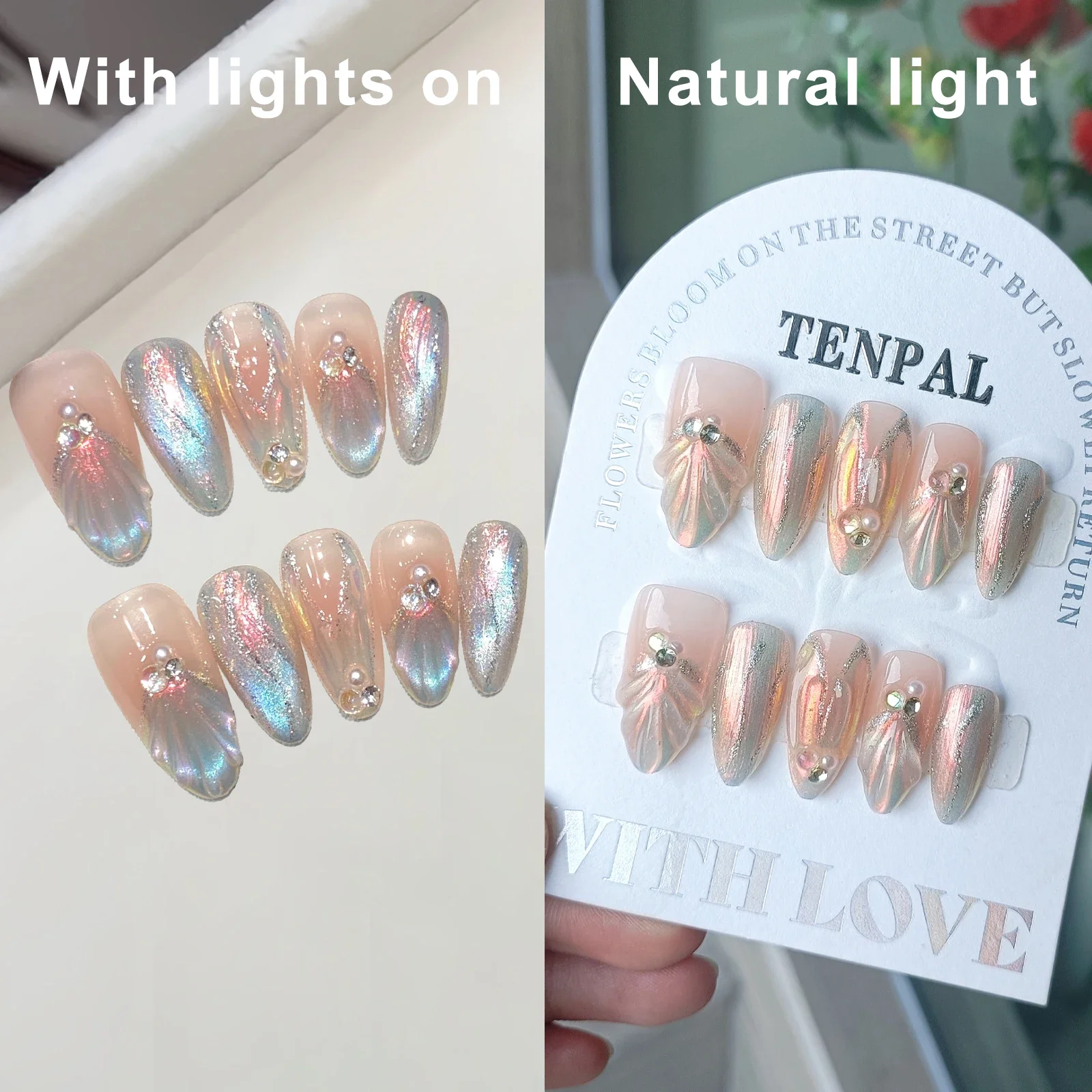 10 stks Glanzende Fee Druk op Nagels Aurora Zeemeermin Shell Ontwerp Nep Nagel Patches Wearable Handgemaakte Ins Mode Valse Nagel Tips