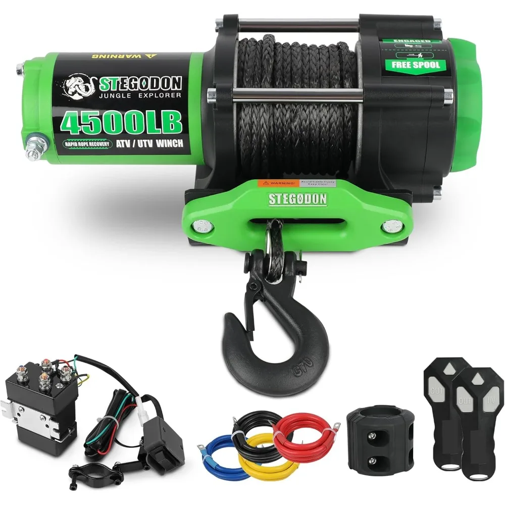

12V Electric Winch for ATV and UTV with Synthetic Rope, 2 Wireless Remotes, and Winch Stopper for Off-Road Towing Assistance
