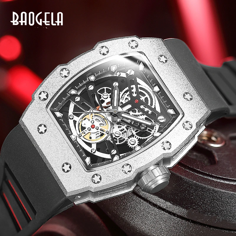 BAOGELA Top Brand Watches for Men Fashion Sport Waterproof Mechanical Wind Watch 50Bar Casual Stainless Watch Japan Reloj Hombre