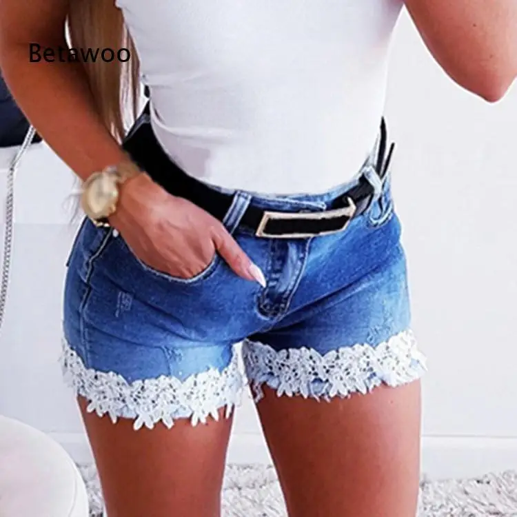 Women's High Waist Denim Shorts with Lace Trim Hem and Belt, Sexy Summer Ripped Jean Hot Pants for Beach Party Clubwear Outfits view 3