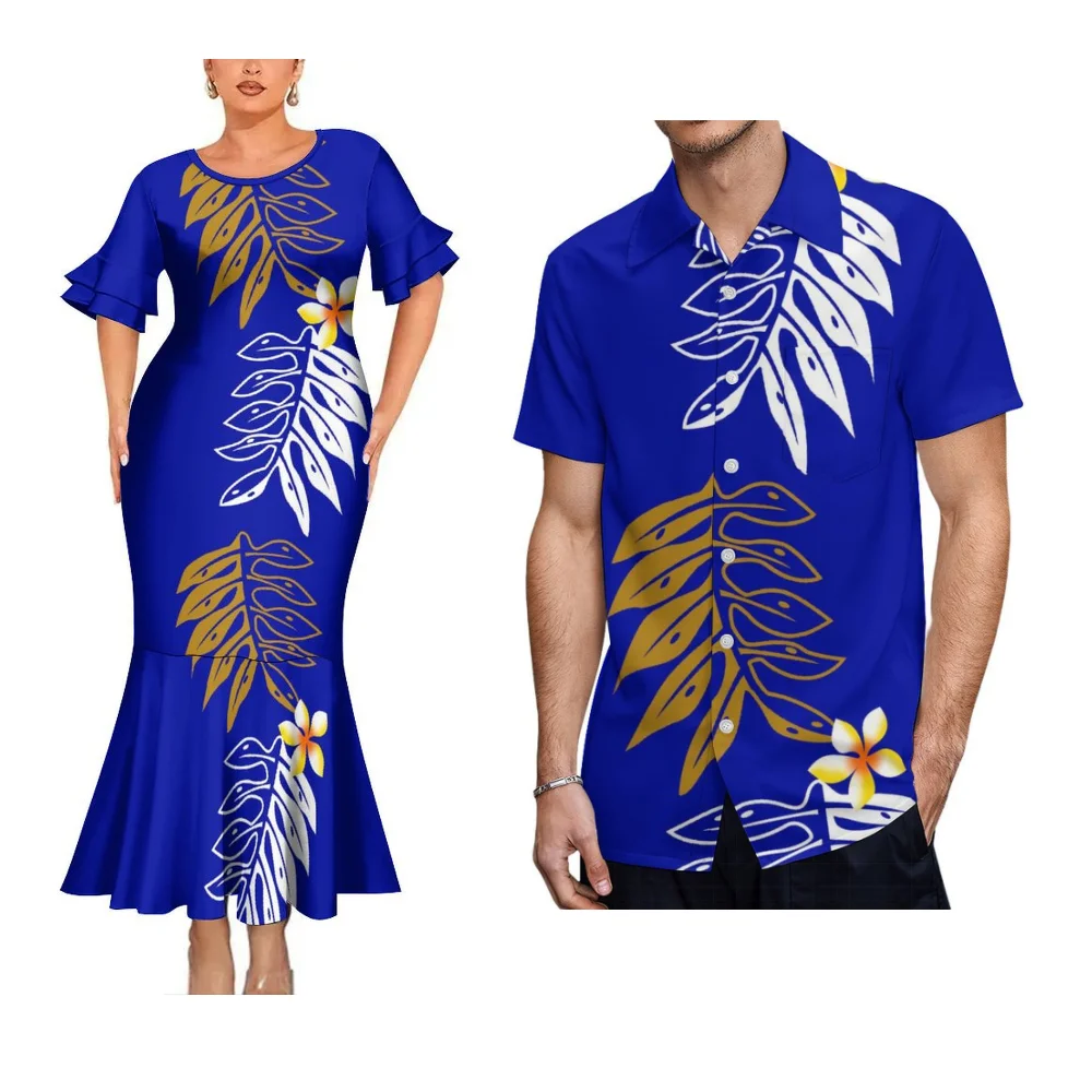 Conjunto de casal estilo ilha com estampa floral havaiana, design de arte samoa, vestido rabo de peixe feminino e camisa masculina com estampa de arte da ilha do pacífico