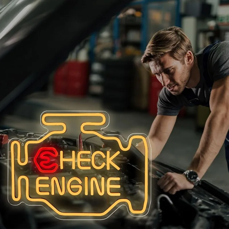 XM Check Engine Neon Garage LED Neon, Dimmable, USB-powered, Mens Wall Art Gifts, Mens Cave Garage Room Automatic Repair Shop