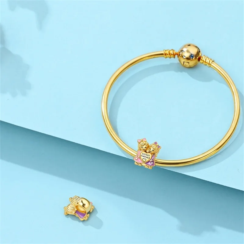New 925 Sterling Silver Sisters Charms Beads Zircon Dangle Fit 3mm Original Bracelet DIY Women Fine Birthday Jewelry Gifts view 3