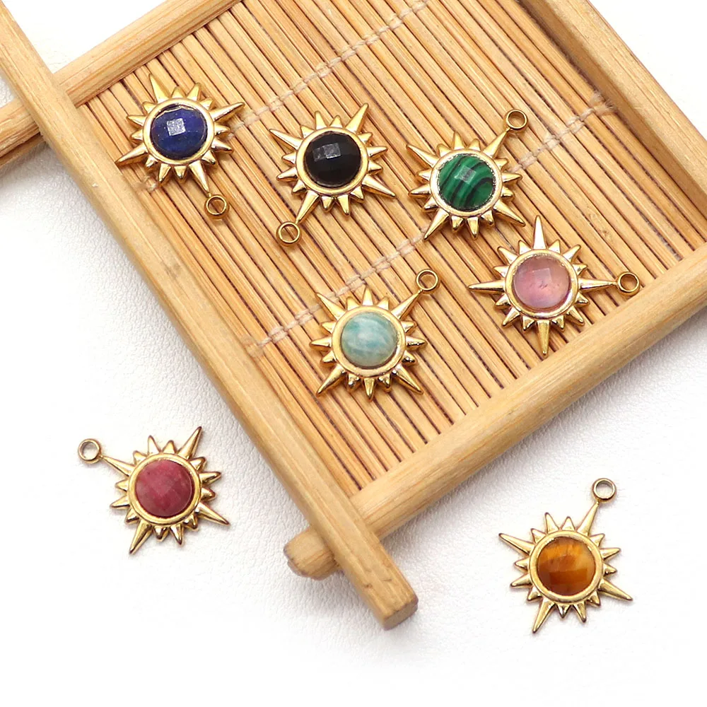 Natural Semi-precious Stone Sun Shape Pendants 16x19mm Golden Metal Inlaid Amazonite Black Agate Charms Jewelry Accessory 1 Pc