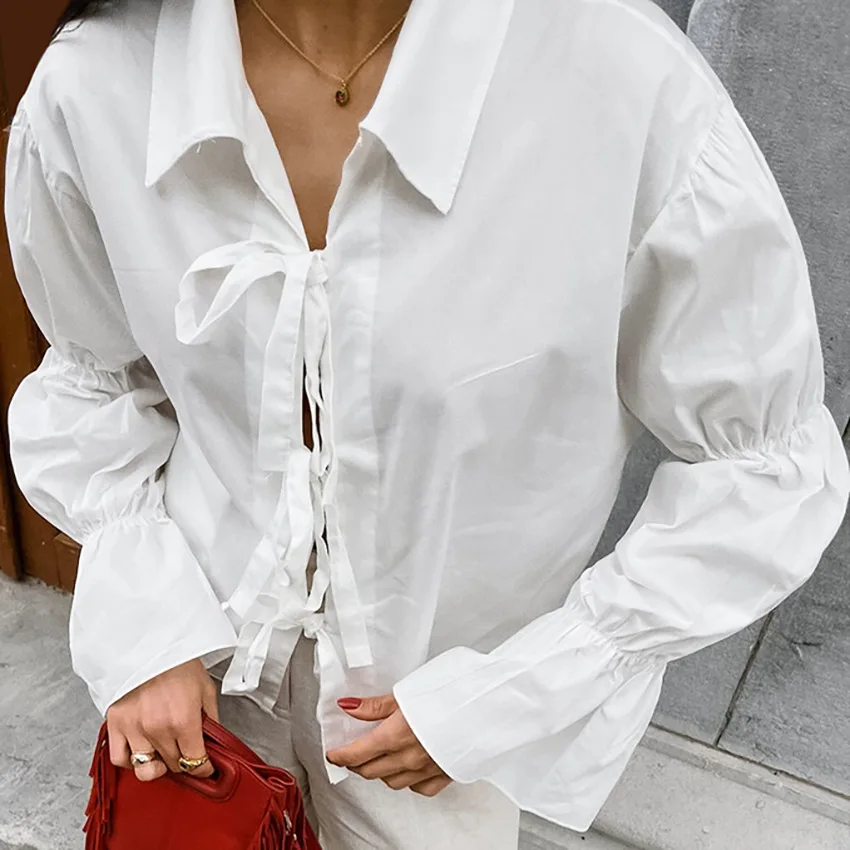 

Casual Cotton Linen Hollow Lace Up White Shirts Women Spring Autumn Loose V-neck Lantern Sleeve Tops Commuting Streetwear Female