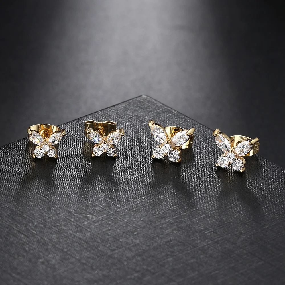 Gold Color Butterfly Stud Earrings For Women Korean Dainty Cubic Zirconia Piercing Lobe Ear Accessories Girls Jewelry Gifts E404