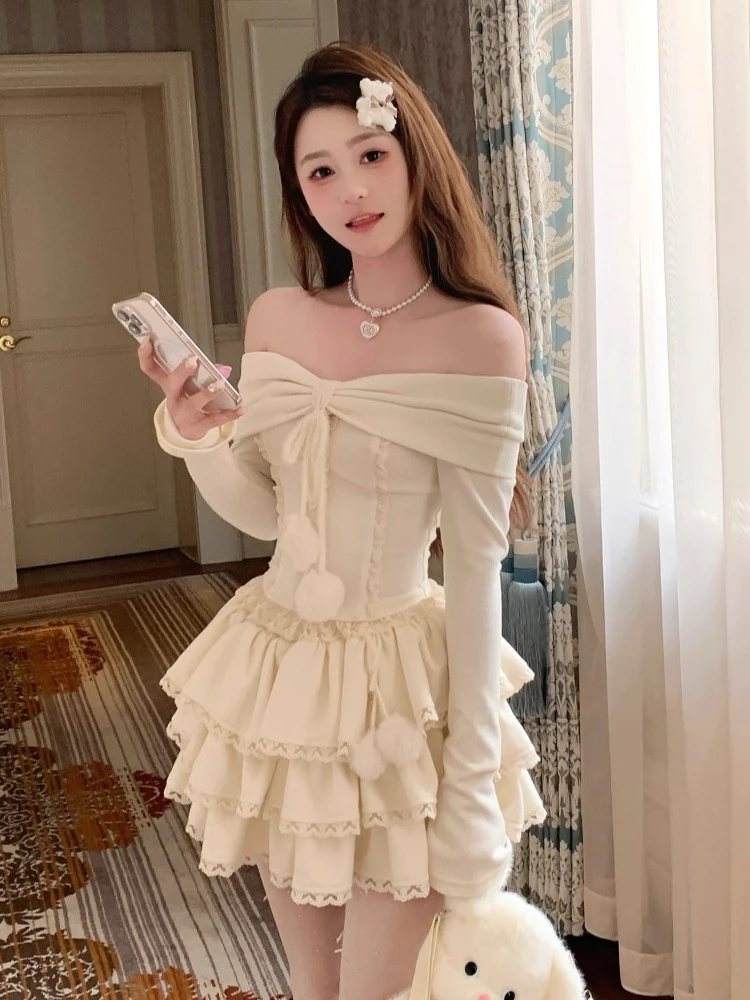 

Autumn Japanese Fashion Design Kawaii Princess Lolita Women's Suit Warm Off-the-shoulder Sweater + Knitted Cake Mini Skirt Set