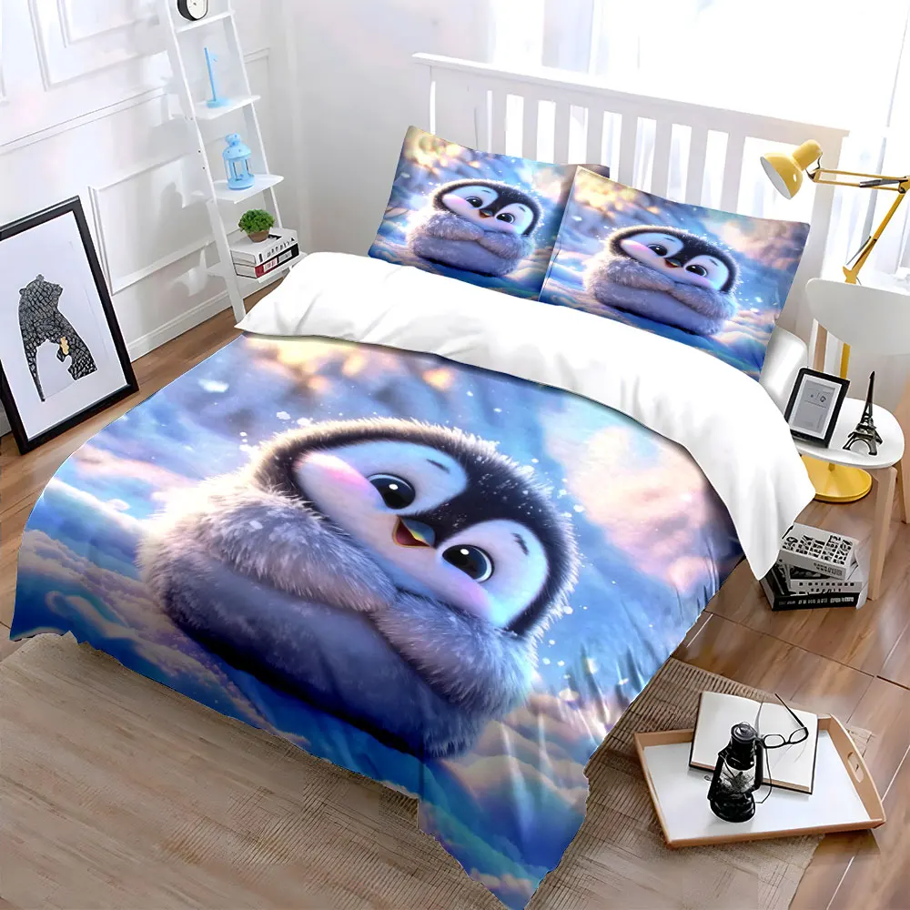 Adorable penguin in snowy scene Bedding Set for Kids Luxury Gift 3pcs Digital Print Comforter Set Soft Comfortable Breathable