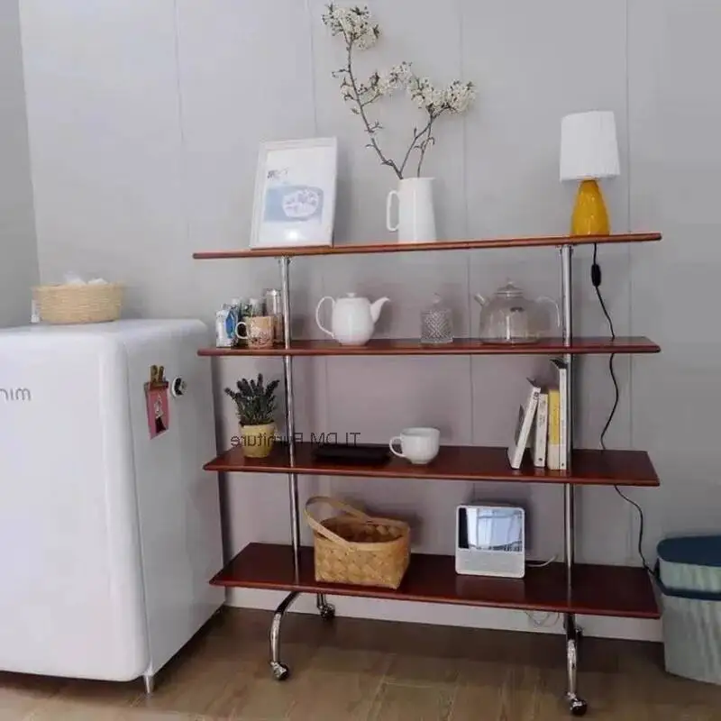 

Storage with Designer Multi-layer Rack Rack Floor Vintage Storage Wheeled Cart Solid Holders Wood Wood Stainless Steel Bookshelf