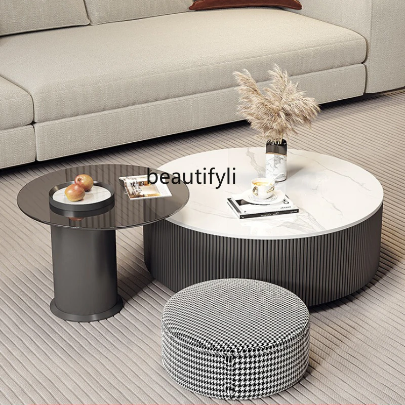 

Stone Plate Coffee Table Living Room Home Light Luxury Modern Simple Small Apartment Minimalist round Storage Tea Table