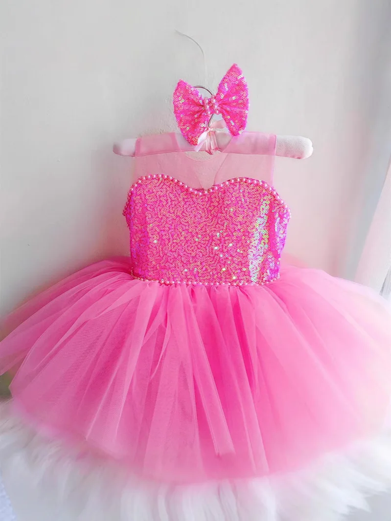 Baby Girls' Wedding Birthday Party Sheer dress 2025 Children's Pink Sequined pearl Bareback Princess tutu Girls' Ball Dress