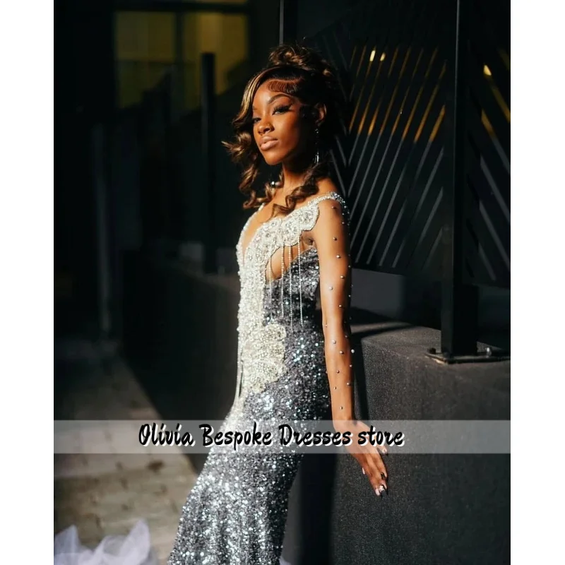 Customized Silver Mermaid Prom Dress For Black Girls Ruffles Rhinestone Tassel Beaded Party Gowns Vestidos De Gala