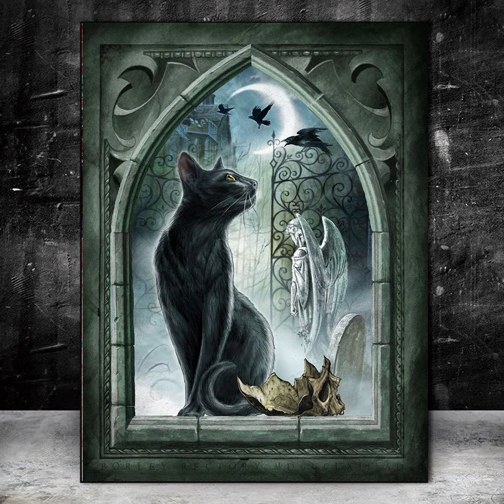 Halloween Black Cat Through Midnight Gate Moon Canvas Painting Alchemy Poster Prints Gifts Wall Mural Pictures Modern Home Decor