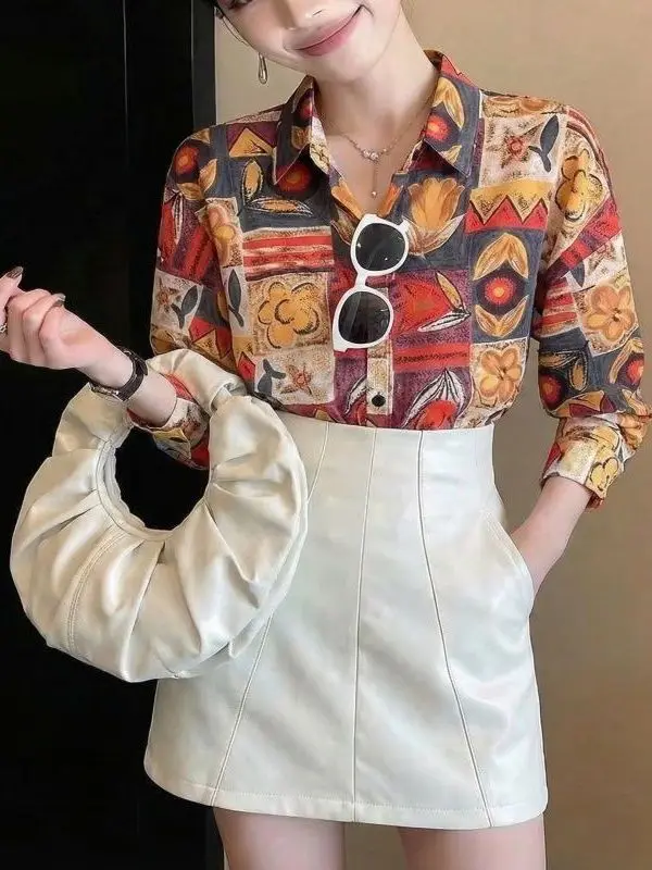 

Hong Kong Style Loose Fit Floral Print Long Sleeve Retro Shirt Women's Premium Spring Autumn Top Design Sensation Market