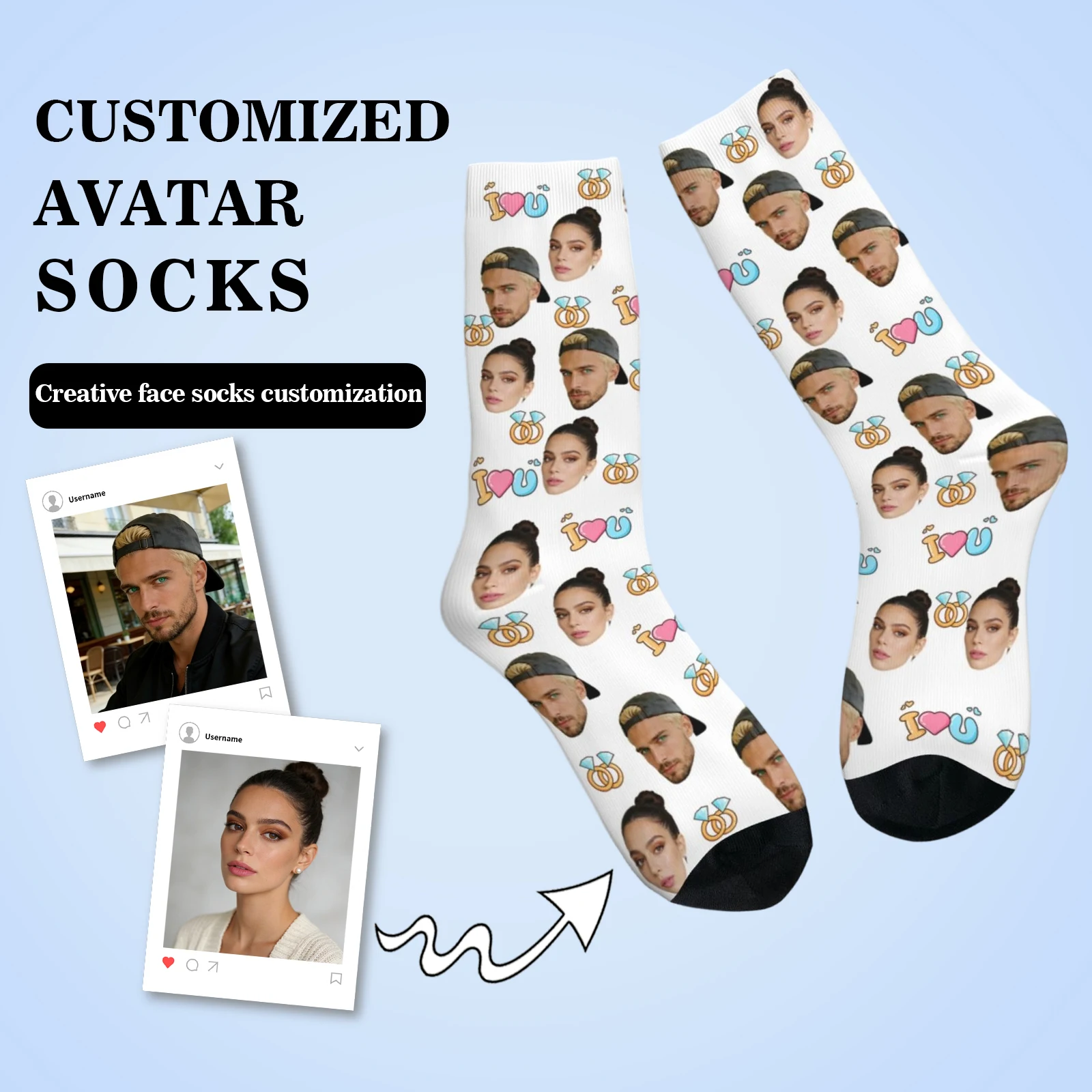 

Носки с индивидуальным дизайном в форме лица, унисекс, с возможностью персонализации, носки с фотографией, носки с изображением на заказ, носки в подарок