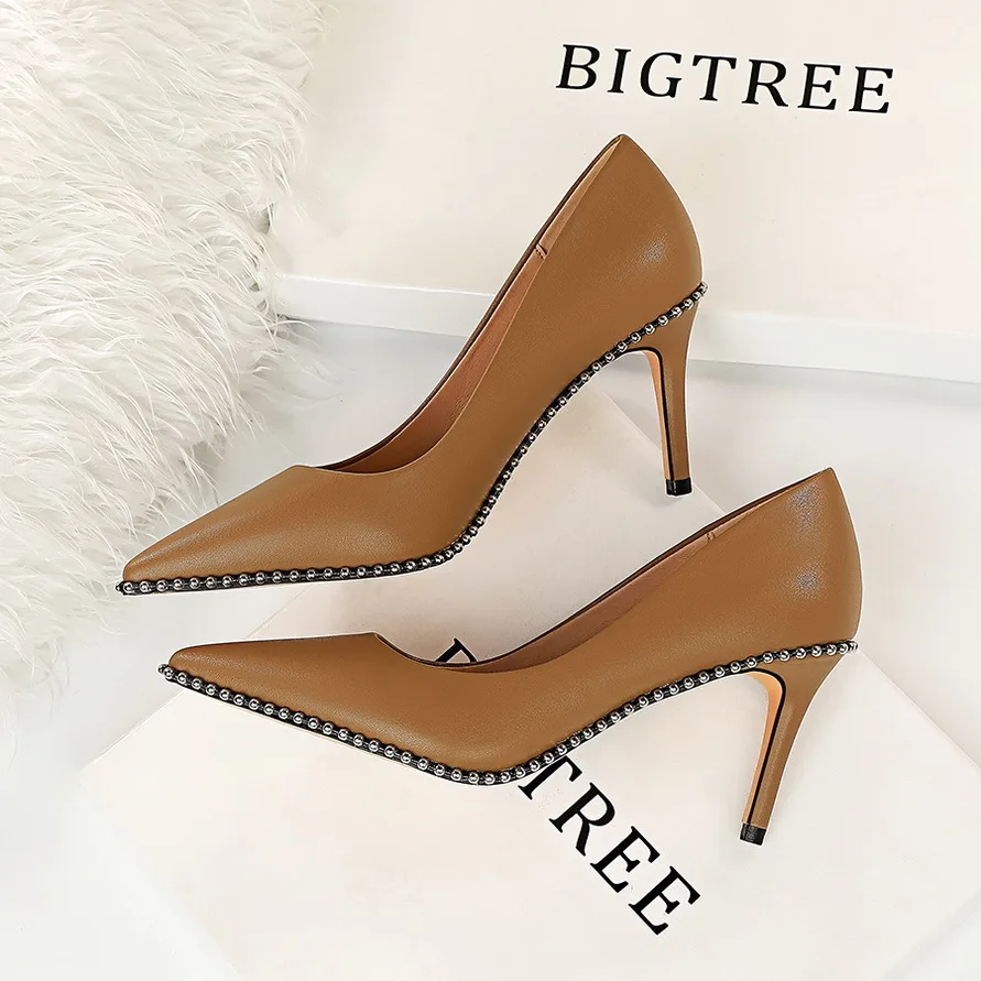 

Women Pumps Shoe Fashion Sexy Nightclub Rock Women's Shoes Thin High Heel Shallow Mouth Pointed Metal Bead Single туфли женские