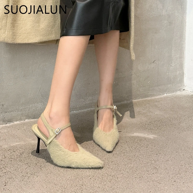 SUOJIALUN 2024 New Brand Women Sandal Shoes Fashion Furry Ladies Elegant Slingback Shoes Thin High Heel Pointed Toe Dress Pumps