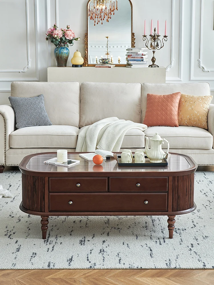 

HXL retro coffee table solid wood oval tempered glass living room rock slab