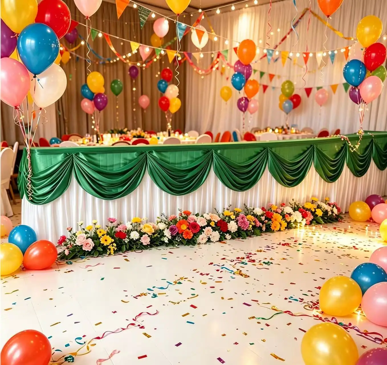 10ft X 29inch Ice Silk Table Skirt Colorful Pleated Ruched Table Skirting With Swag for Wedding Birthday Buffet Table Decoration