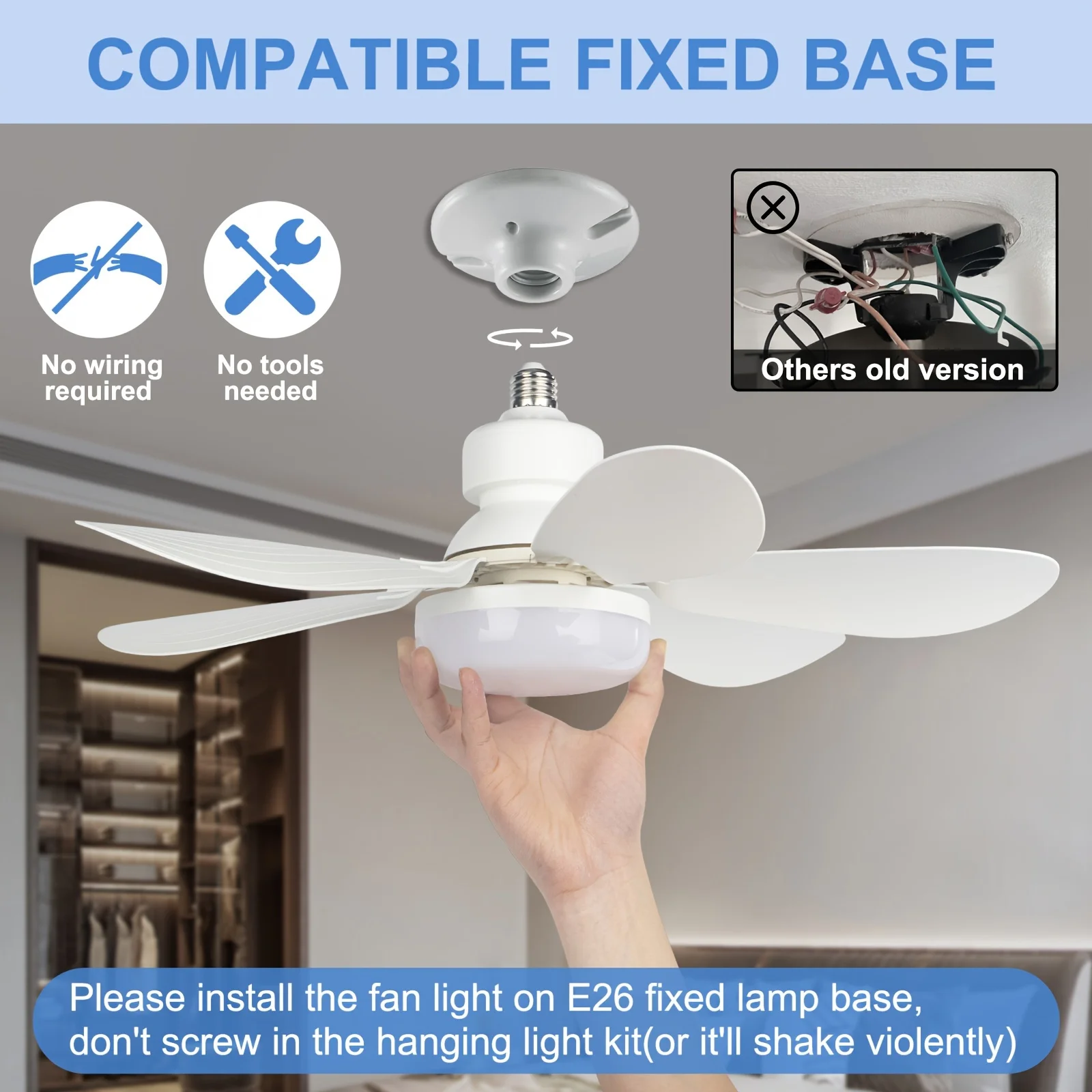 40W Socket Fan Light, 20.5" Screw Ceiling Fan with lamp and Remote, E27 Electric Fan with LED for Bedroom, Kitchen image 4