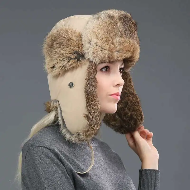 Rabbit Fur Bomber Hat For Men And Women Winter Outdoor Cycling Fur Hat Thickened Warm Ear Protection Natural Rabbit Fur Caps