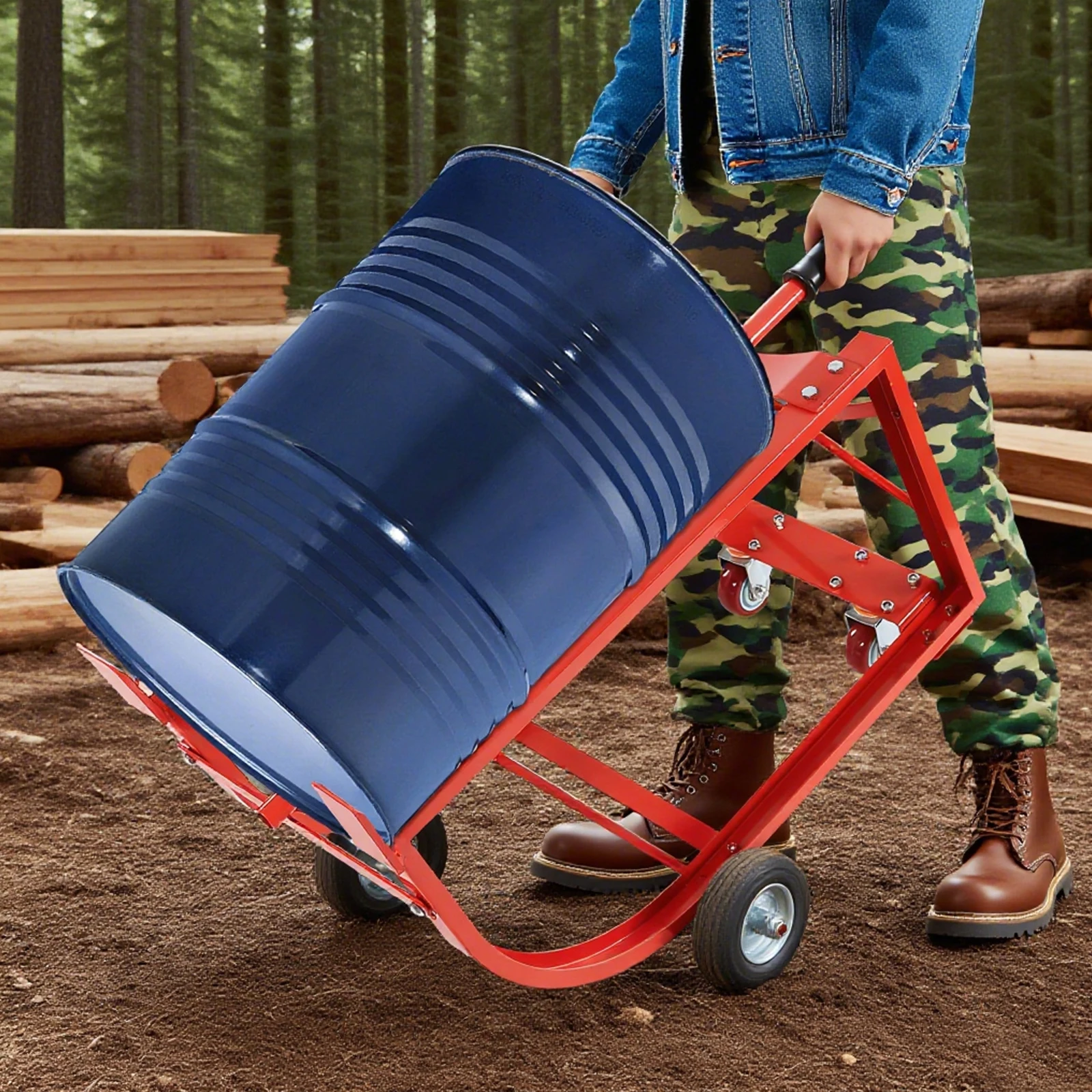

55 Gallon Drum Truck 600lbs Capacity Steel Barrel Dolly with Retractable Drawbar Professional Drum Cradle Transporter