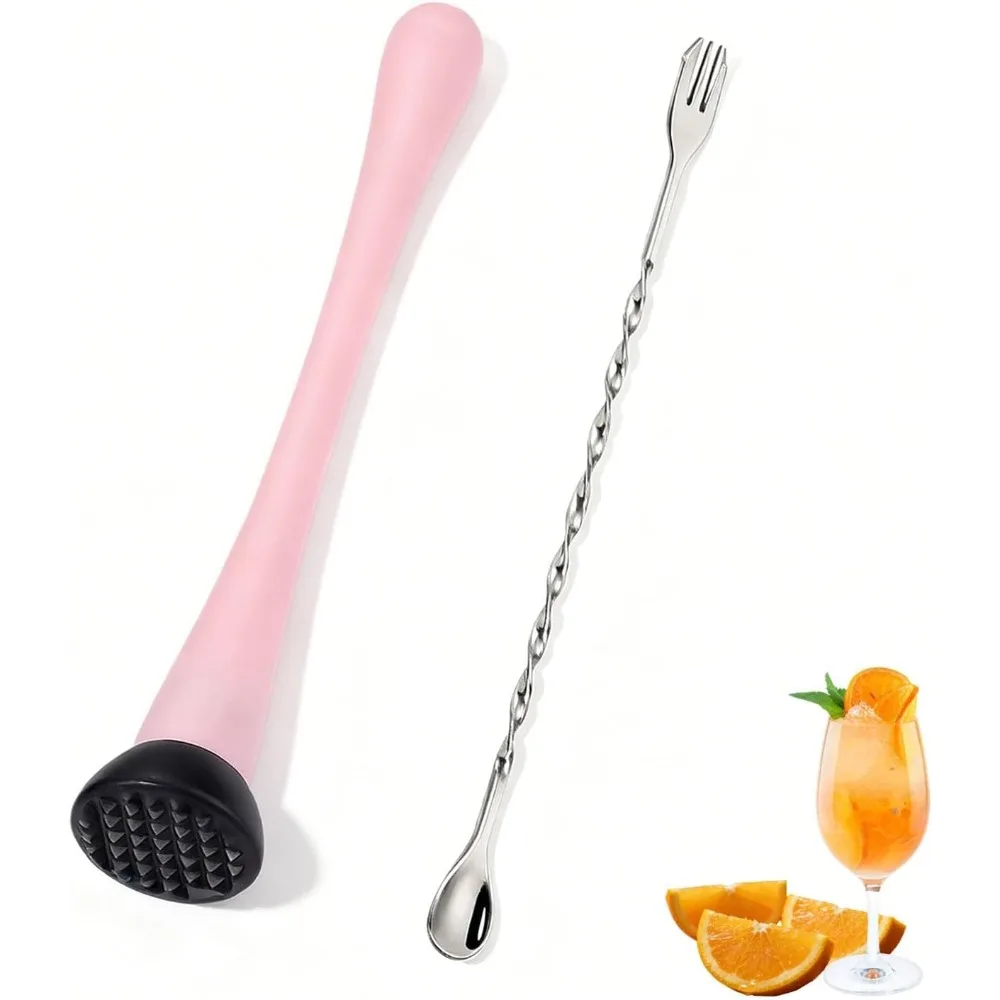 Professional Cocktail Muddler for Bar and Home Use with Long Handle Mixing Spoon, Durable Stainless Steel and Wooden Cocktail Smasher Tool for Mojito Old Fashioned Lemonade and Fresh Fruit Drink Mixing, Essential Barware