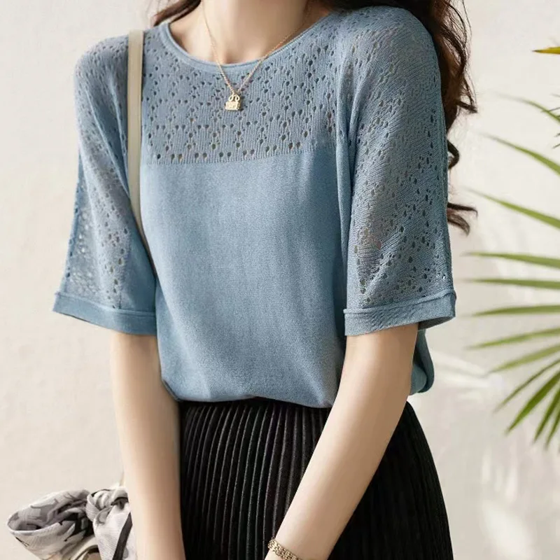 Ice Silk Hollow Out Short Sleeve Shirt Kintted Summer New Style Half Sleeve Loose Fit All-match Office Lady Casual Blouse