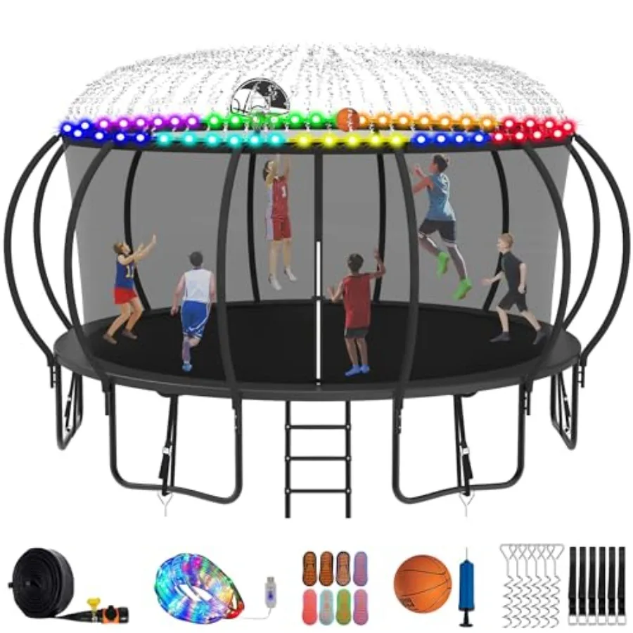 

Батут 1500 фунтов, 8–16 футов для взрослых, без зазоров, батут с тыквой на заднем дворе, легкий разбрызгиватель и носки, баскетбольный хо