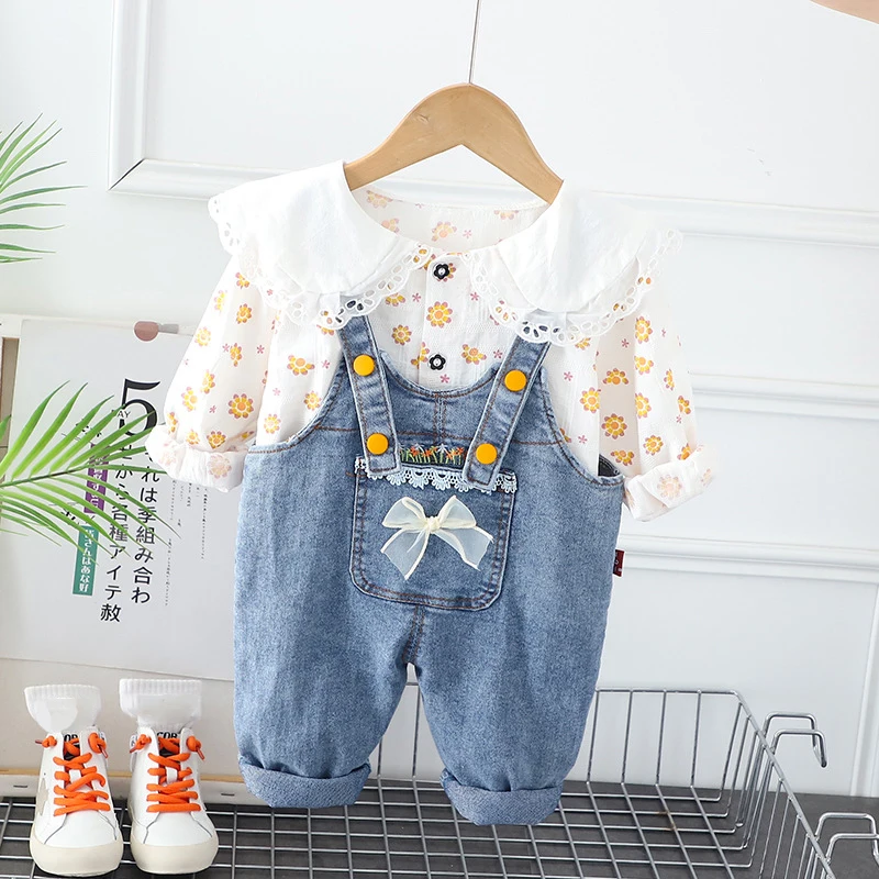 MILANCEL New Spring Kids Clothes Set Girls Cute Flower Blouse + Denim Overalls Children Outwear 2PCS