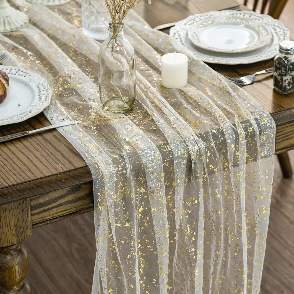 Beige Gold Gauze Table Runner 120Inch Glitter Metallic Foil Sheer Dining Wedding Anniversary Holiday Birthday Table Decor Party