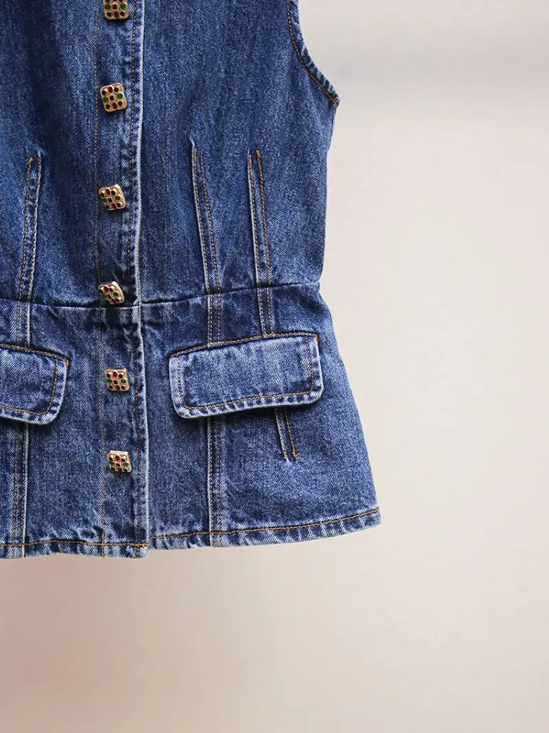 Women Denim Set Turn-down Collar Sleeveless Single Breasted Jacket or Pleated High Waist A-Line Mini Skirt