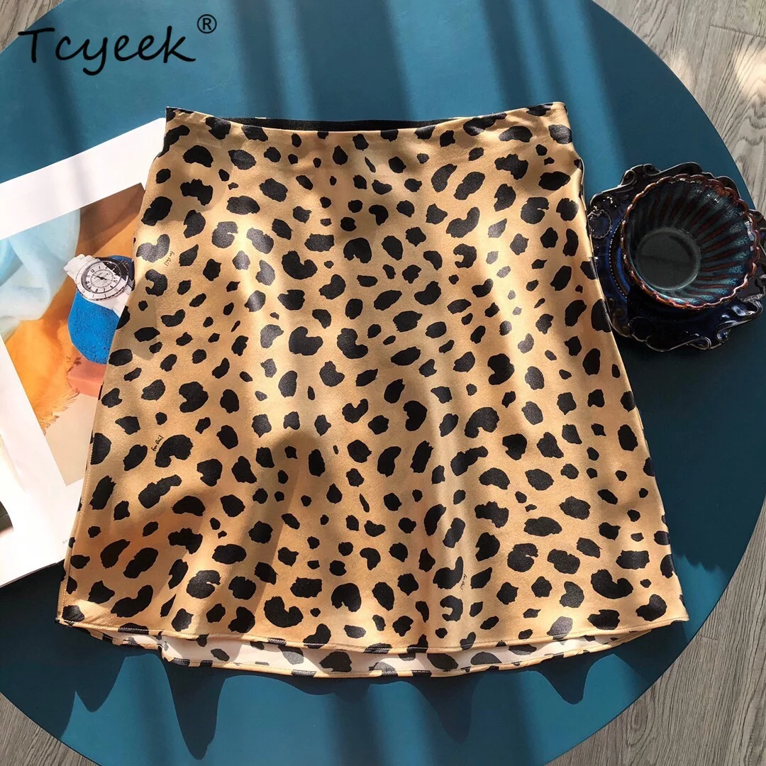 

Tcyeek 100%Real Silk Women Jacquard Leopard Floral Print Skirt High Waist Mini Hip Wrap Skirt Sexy And Sweet Summer B37445QM