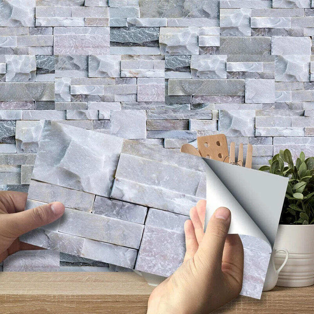 Mosaico Stone Bricks Wall Tile, Etiqueta da escada do banheiro, Azulejos auto-adesivos, Home Decor, Papel de parede artificial, 9pcs