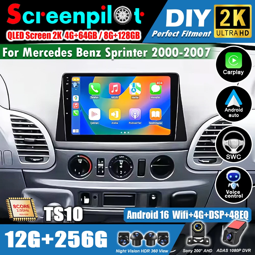 Android 16 For Mercedes Benz Sprinter 2000-2007 Autoradio Carplay Auto Car Radio Navigation Video Player Multimedia NO 2 Din