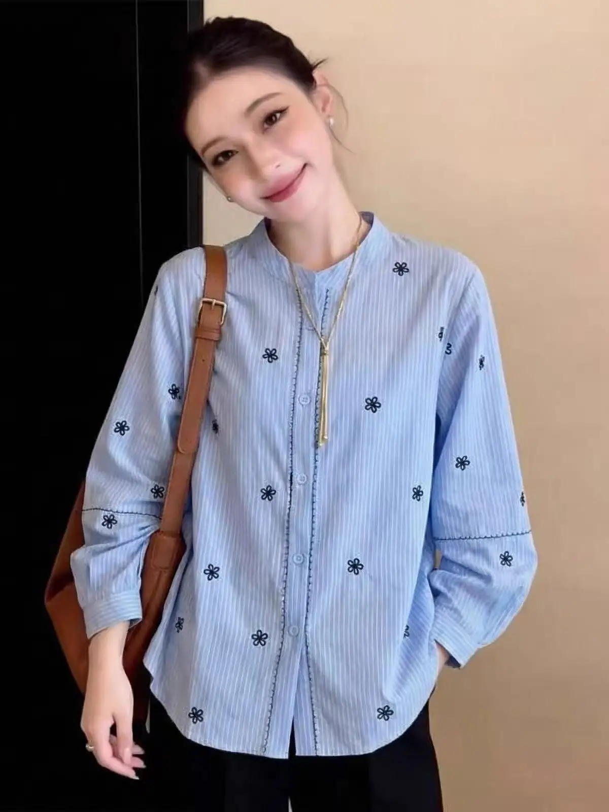 Loose Long Sleeve Women's Sun Protection Shirt Korean Style Blue Stripes Casual Top Spring Summer Autumn New Fashion