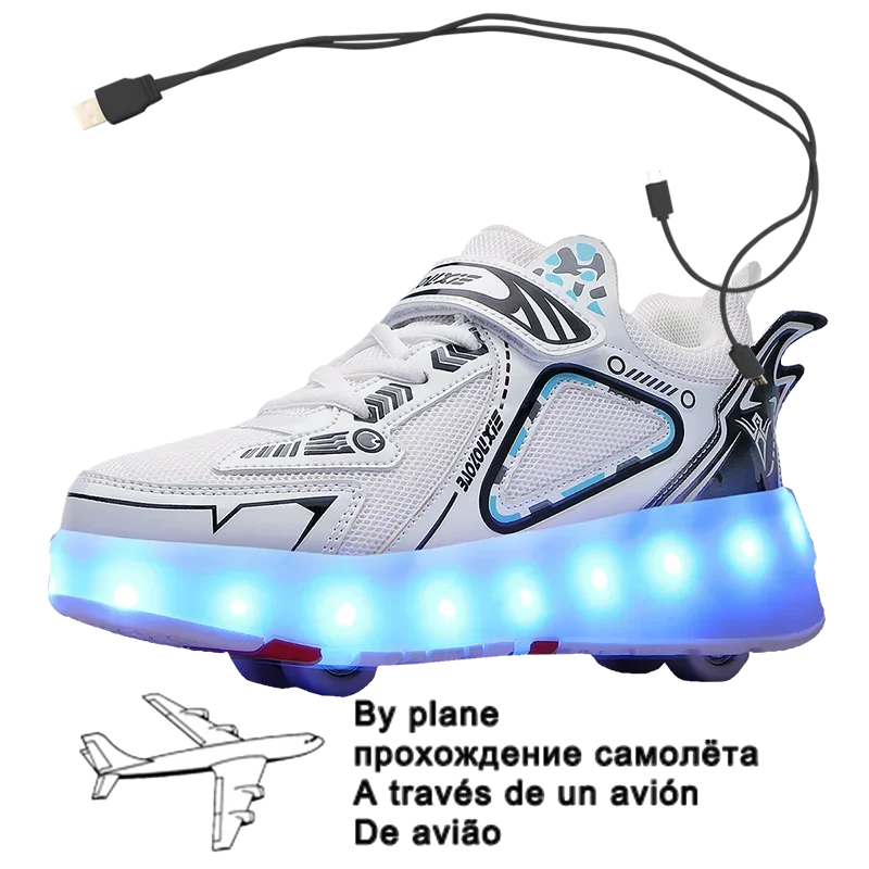 Chaussures de patin à roulettes à lumière LED pour enfants, baskets roses pour enfants, chargement USB, 4 roues, filles et garçons, nouvelle mode