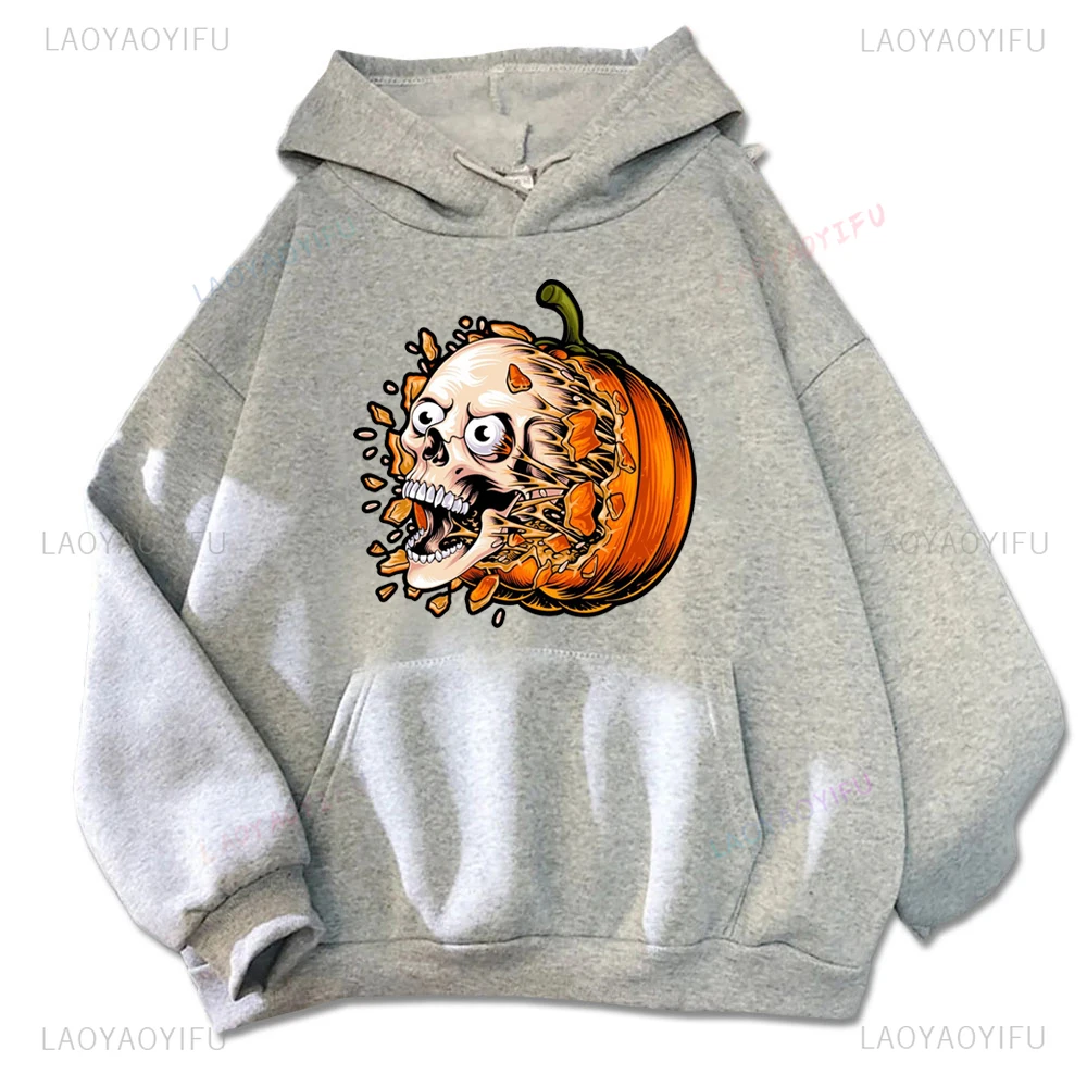 Funny Skull Pumpkin Lamp Graphic Printed Hallowmas Hoodie Trick or Treat Warm and Windproof Harajuku Casual Couple Hoodies