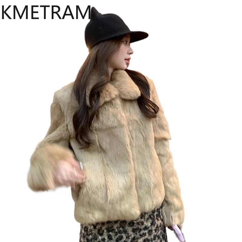 KMETRAM 100% Натуральная шуба из кроличьего меха для женщин, короткая меховая куртка с отложным воротником, 52 см, теплая пушистая зимняя шуба из натурального меха, женская одежда 2026 jaqueta