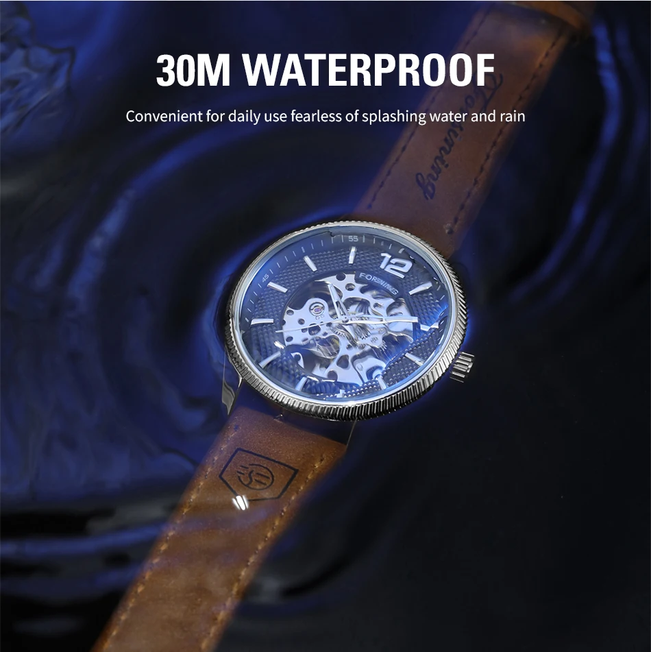 FORSINING الراقية الفاخرة عارضة أزياء الرجل الأزرق الساعات الصلب الهيكل العظمي الميكانيكية ووتش الحركة التلقائية ساعة يد جلدية