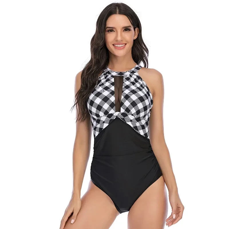 Traje de baño de una pieza con espalda descubierta para mujer, Tankini Sexy con cuello Halter, ropa de playa de malla Floral transparente, novedad de verano